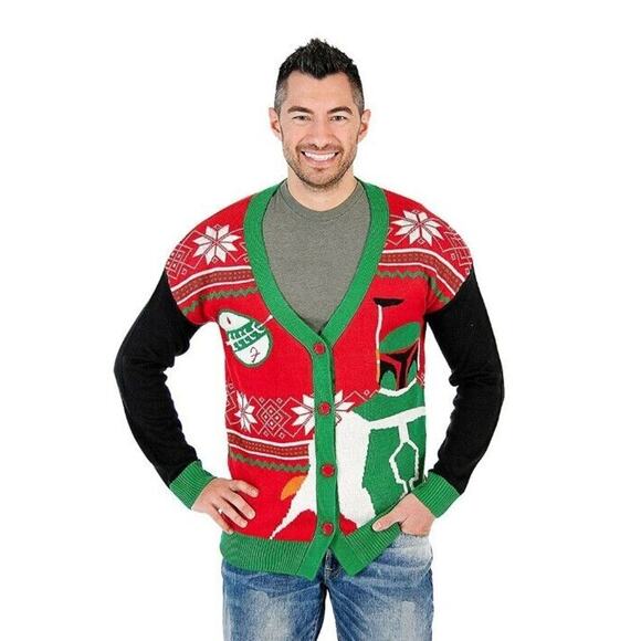 Junk Food Mens Large‎ Star Wars Boba Fett Ugly Christmas Sweater Cardigan - Picture 14 of 15